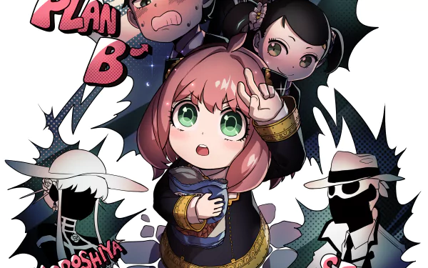 HD PC desktop wallpaper featuring Anya Forger from the anime Spy x Family in a vibrant, dynamic chibi-style design with bold colors and expressive poses.