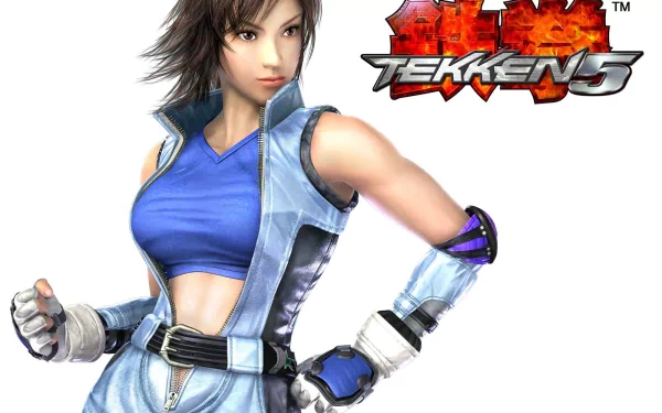 Asuka Kazama from Tekken 5 is featured in this HD desktop wallpaper, showcasing her dynamic pose and iconic outfit in vibrant detail.