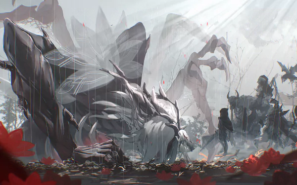 Video game HD PC desktop wallpaper/background for ENDER LILIES: Quietus of the Knights — a fallen white-haired knight among red petals, ghostly figures and jagged ruins beneath a pale, misty sky.