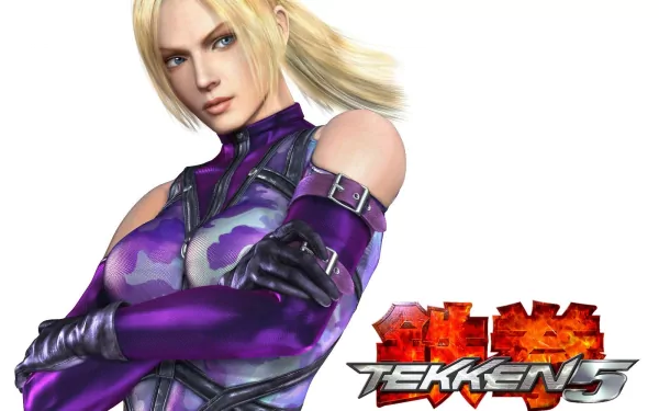 Nina Williams from Tekken 5 is featured in this HD PC desktop wallpaper, showcasing her fierce expression and iconic purple outfit against a clean background.