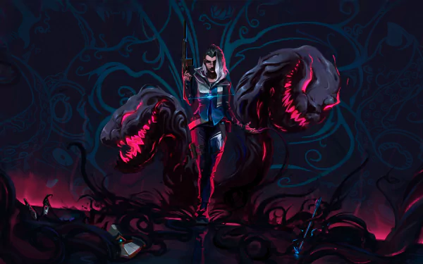 HD PC desktop wallpaper featuring Fade from Valorant, surrounded by dark, shadowy creatures with glowing red eyes, set against an ominous, swirling background.