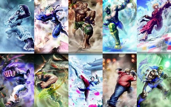 4K Ultra HD Street Fighter PC desktop wallpaper featuring dynamic, powerful depictions of iconic characters in vibrant action poses from the popular video game.