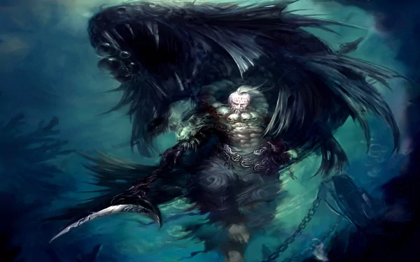 HD fantasy wallpaper depicting a powerful elemental warrior wielding a large sword, surrounded by swirling dark energy in an underwater environment.