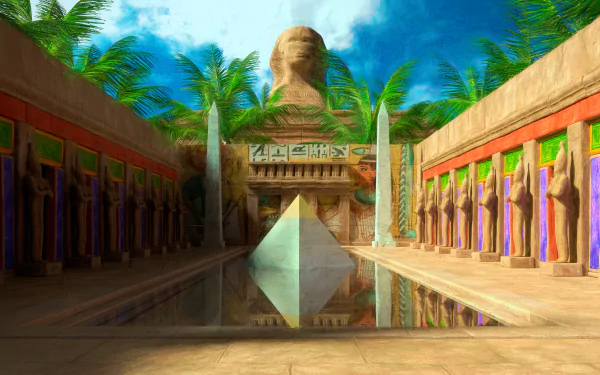  Sphinx overlooking a pool surrounded by statues