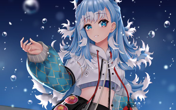 HD anime-style desktop wallpaper featuring Kobo Kanaeru, a Virtual YouTuber from hololive, with flowing blue hair and a dynamic pose against a starry background.