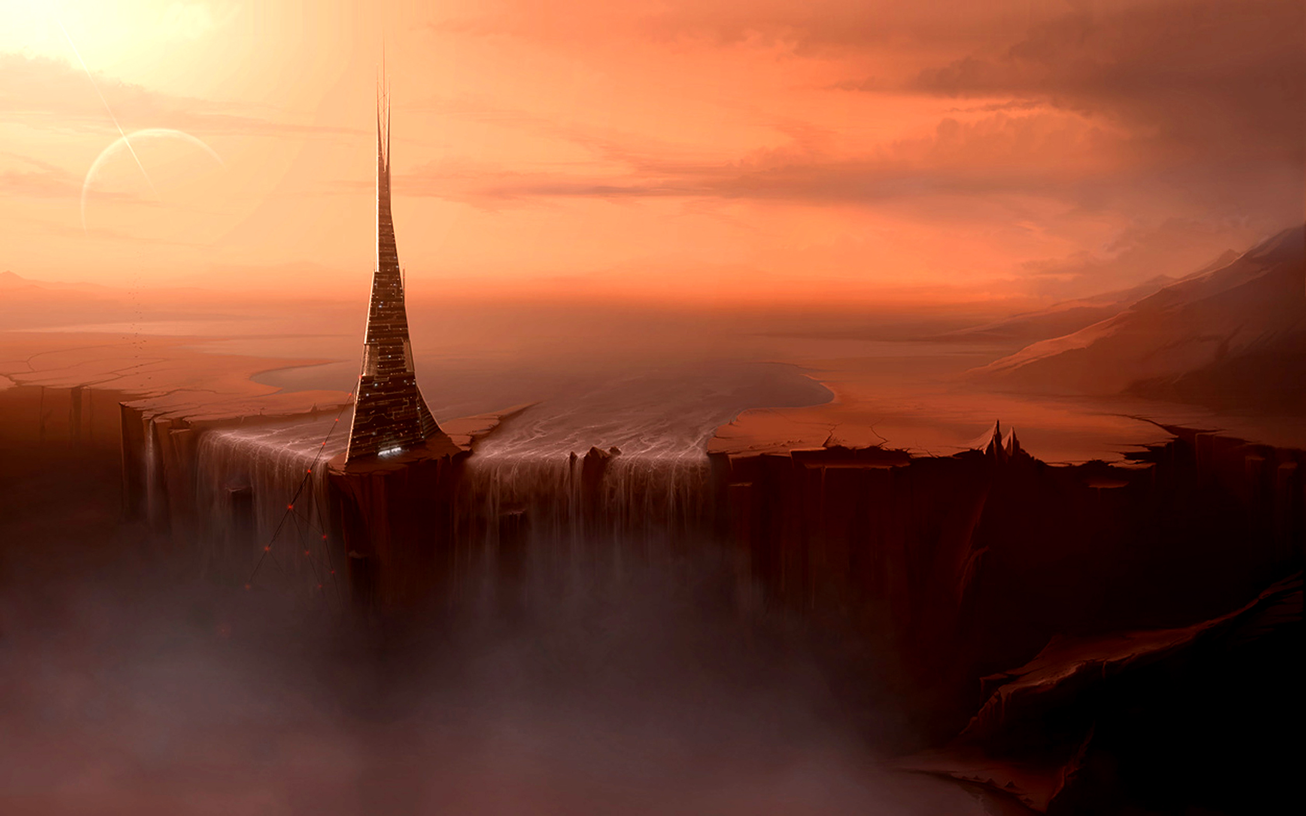 Fantasy landscape featuring a tower on the edge