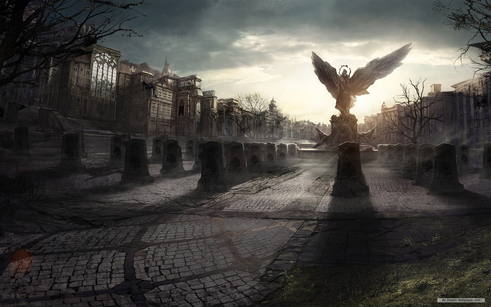 Stunning fantasy scene depicting an angel standing in a haunting graveyard.