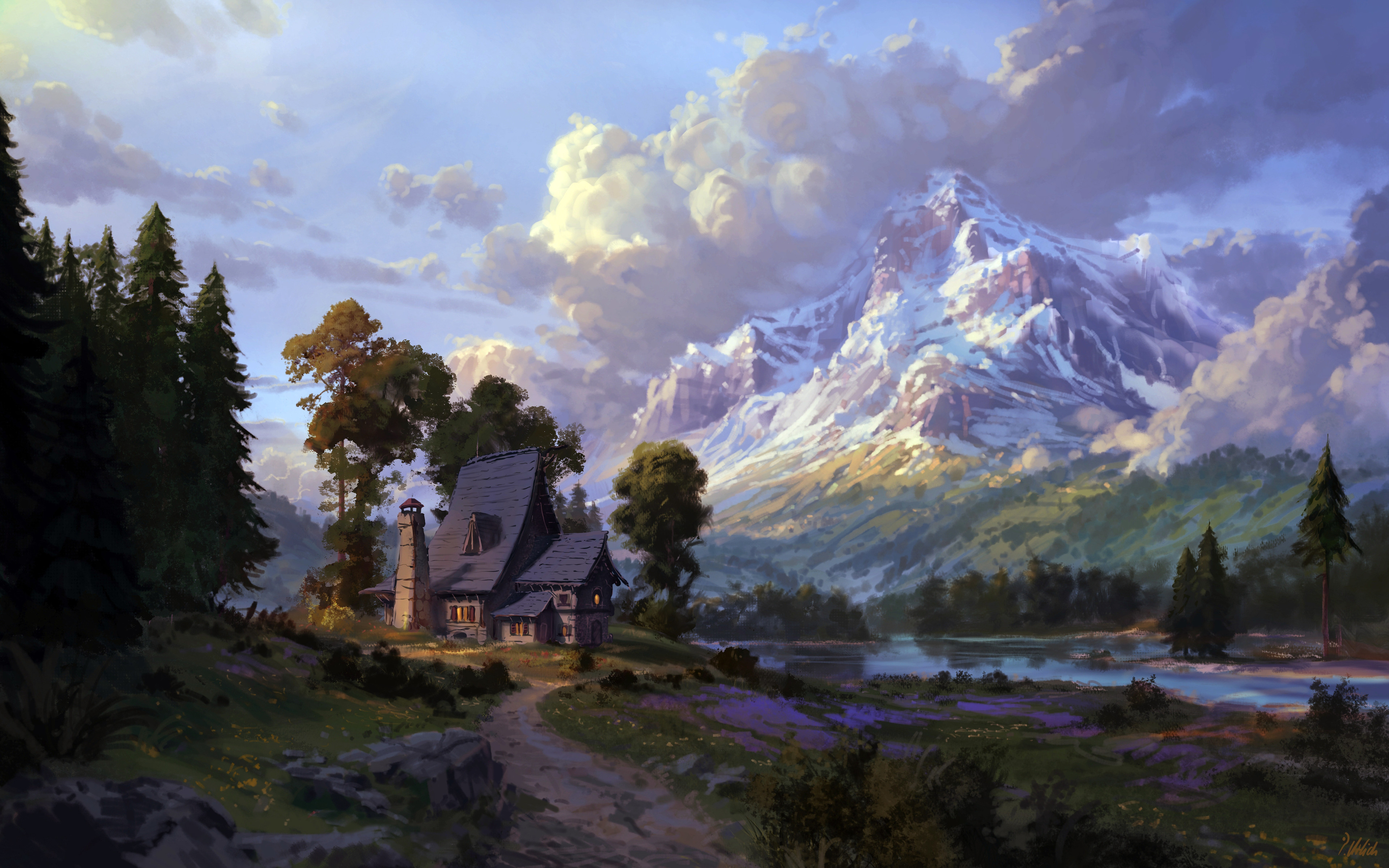 Enchanted Mountain Retreat – 4K Ultra HD Fantasy House Wallpaper