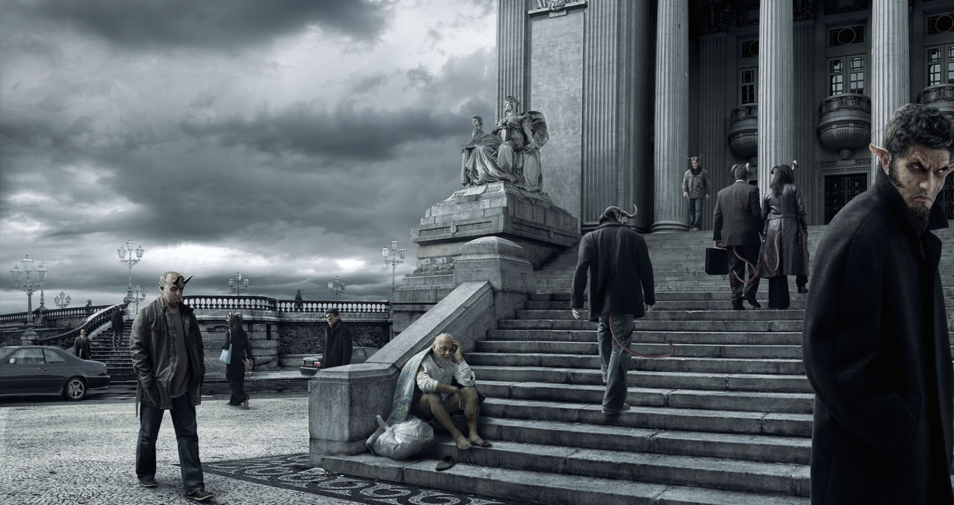 Dark, weird HD PC desktop wallpaper and background: grayscale street scene by a monumental staircase under stormy skies; pedestrians ascend past a lone seated figure clutching a bag.