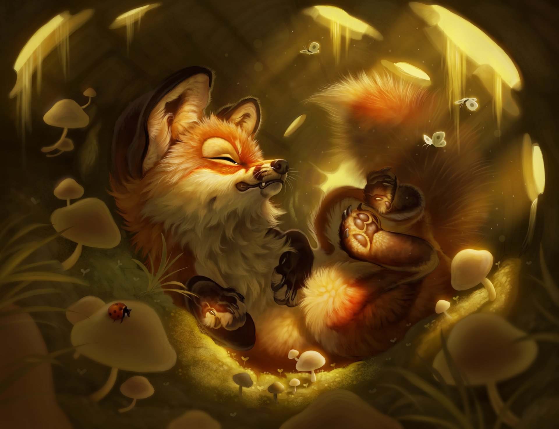 A serene fantasy fox curled up peacefully among glowing mushrooms and fluttering fireflies, rendered in stunning 4K Ultra HD for a vibrant PC desktop background.