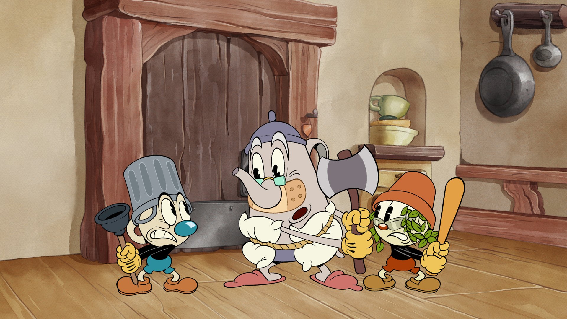 HD PC desktop wallpaper from the TV show The Cuphead Show! showing three retro cartoon characters wielding bats and an axe in a rustic kitchen.