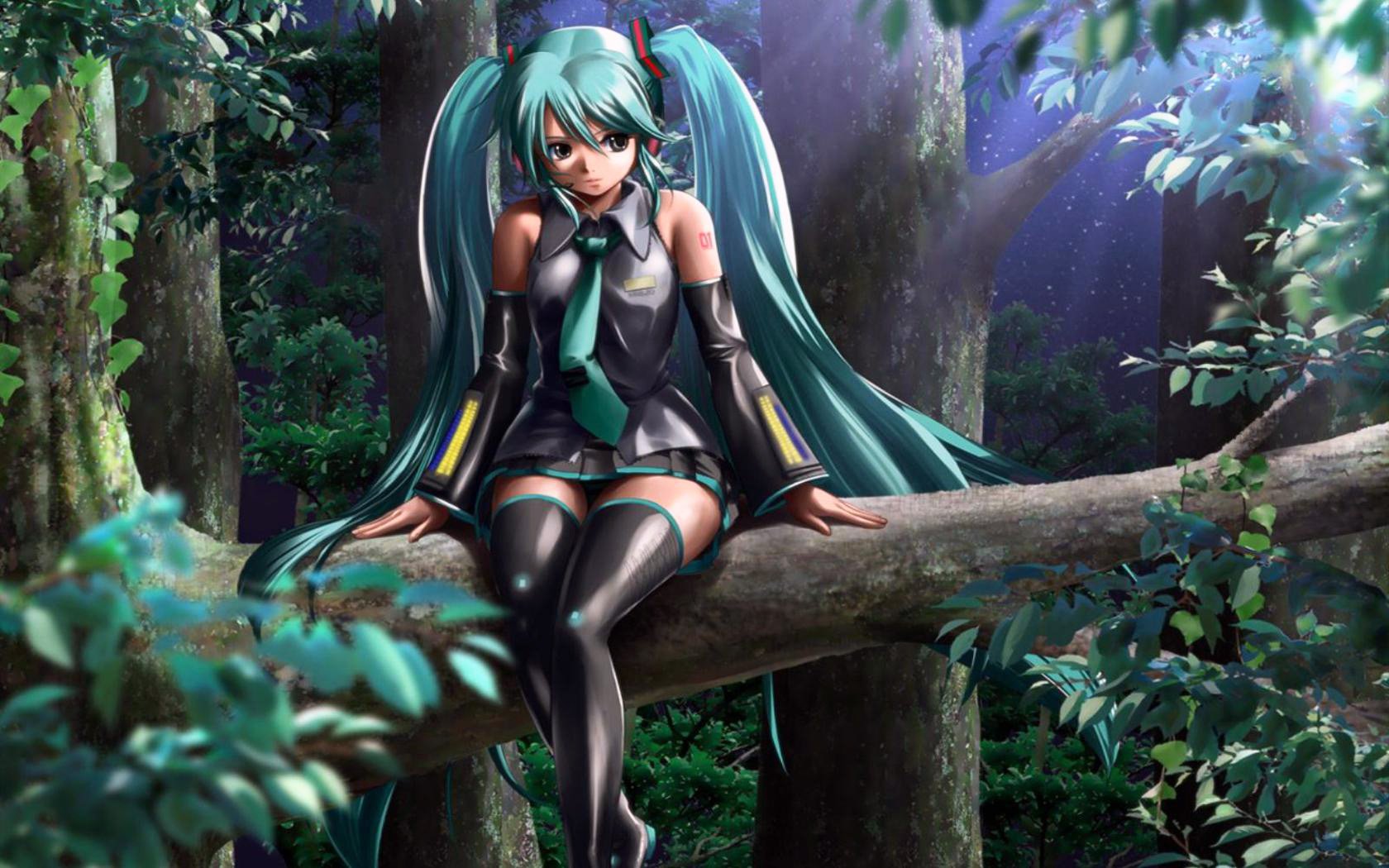 Anime character Hatsune Miku with long turquoise pigtails, wearing her signature outfit, sits on a tree branch in a lush, moonlit forest. HD wallpaper and background.