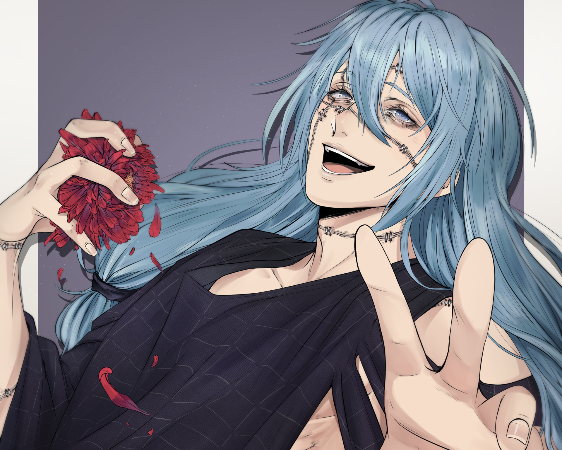 HD PC desktop wallpaper/background of Mahito (Jujutsu Kaisen) — anime-style, pale blue hair, smiling with stitched face, holding a bleeding heart and flashing a peace sign.