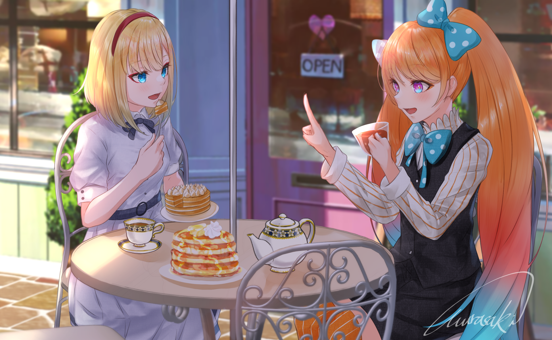 2K Quad HD PC wallpaper: Titan and Cosette Schneider from Takt Op. Destiny in anime style, seated at a café table with tea and pancakes; Titan gestures animatedly as Cosette listens.