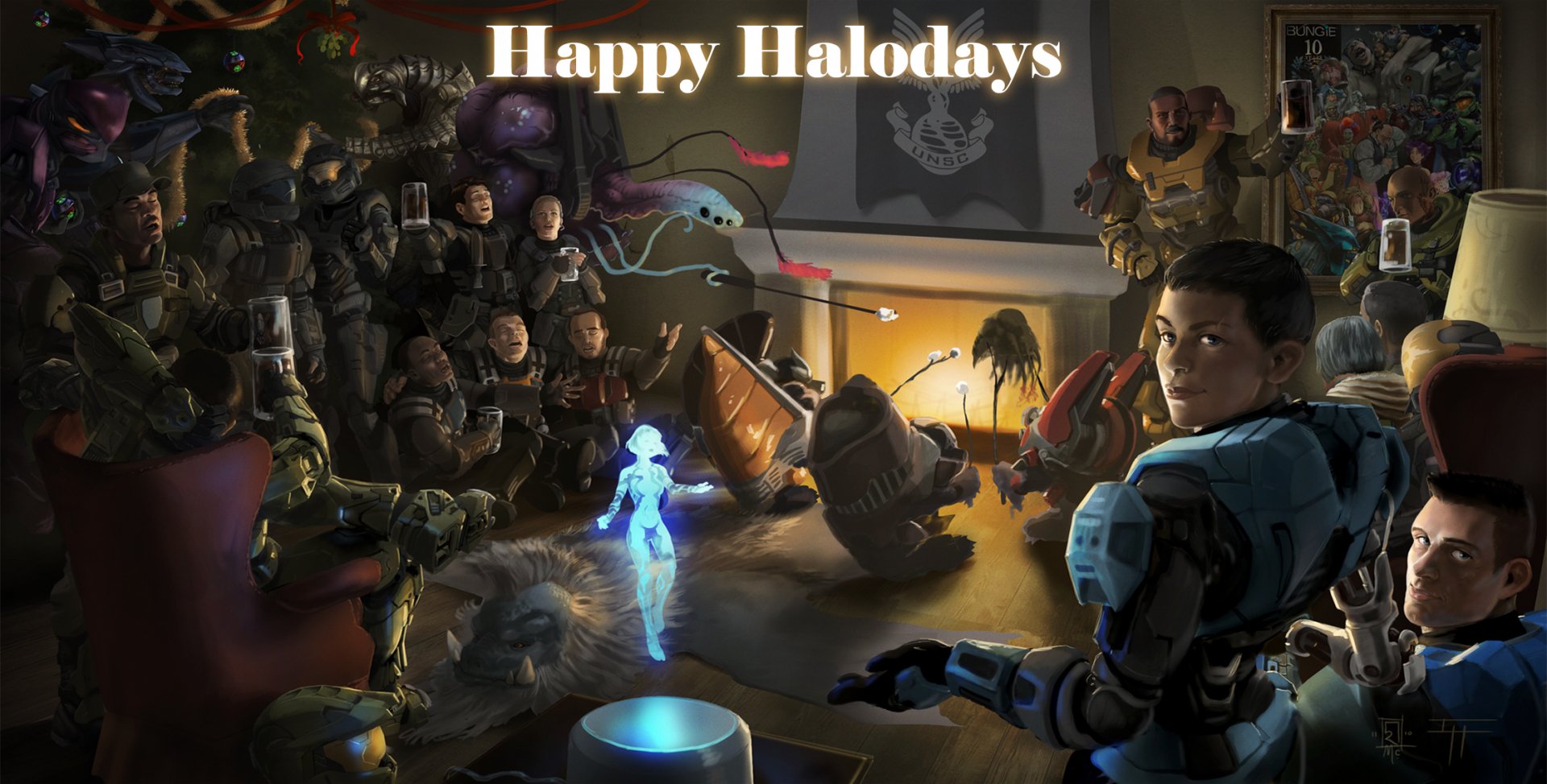 A vibrant HD desktop wallpaper featuring characters from the Halo video game series celebrating together, with a festive Happy Halodays message prominently displayed.