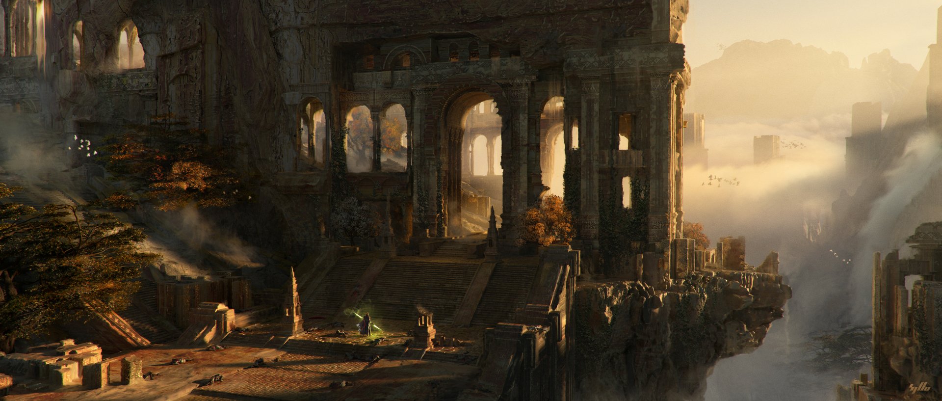 HD fantasy desktop wallpaper depicting ancient, weathered ruins perched on a cliff, bathed in warm, soft sunlight with misty atmospheric depth.