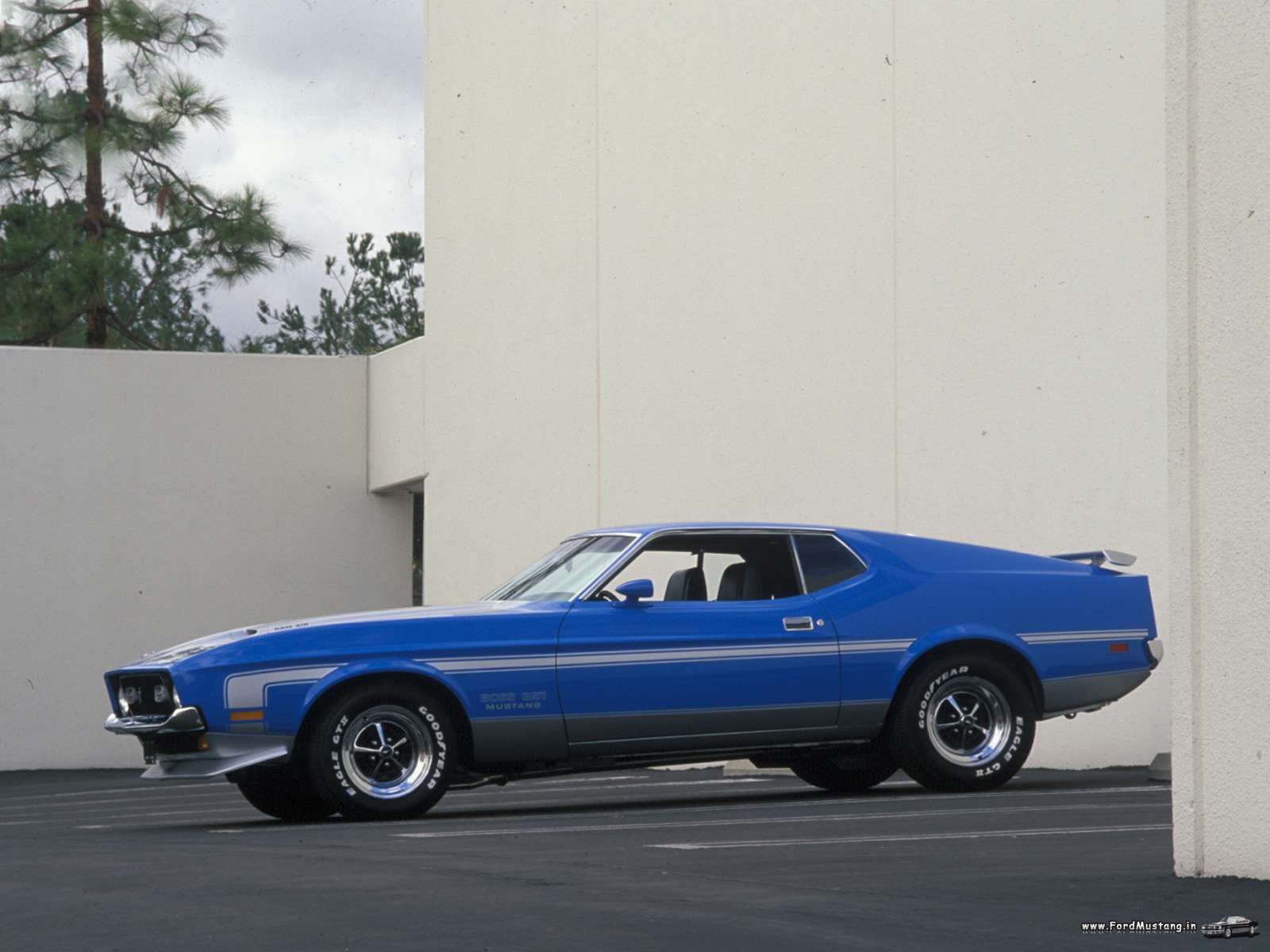 HD PC desktop wallpaper featuring a classic blue Ford Mustang Mach 1 parked against a minimalist urban backdrop.