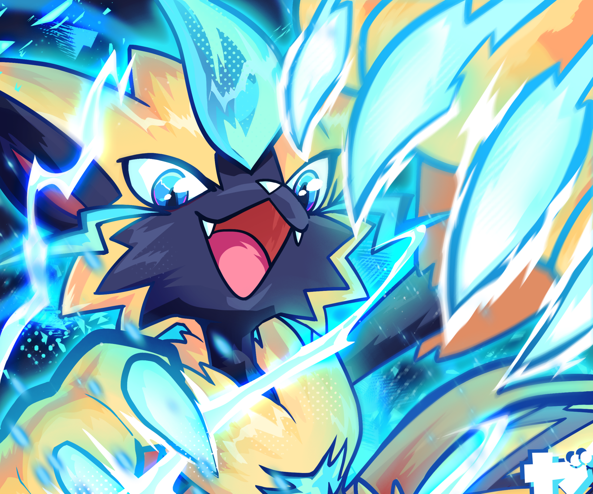 HD anime desktop wallpaper of Zeraora (Pokémon) unleashing electric energy with neon blue lightning arcs and a fierce, dynamic battle-ready pose.