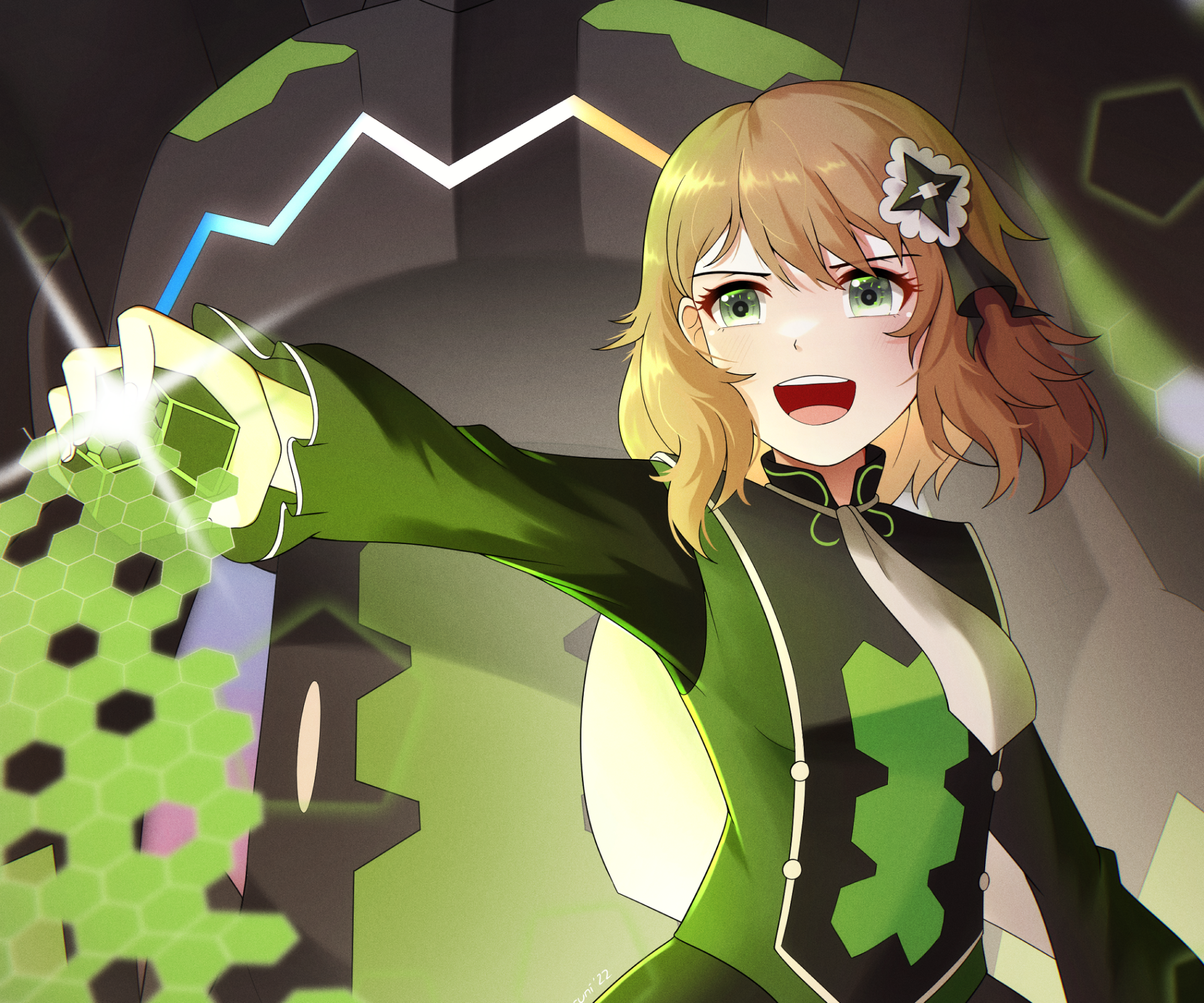 HD PC desktop wallpaper featuring Serena from Pokémon Masters EX in a dynamic pose with glowing green hexagonal patterns and vibrant lighting effects.