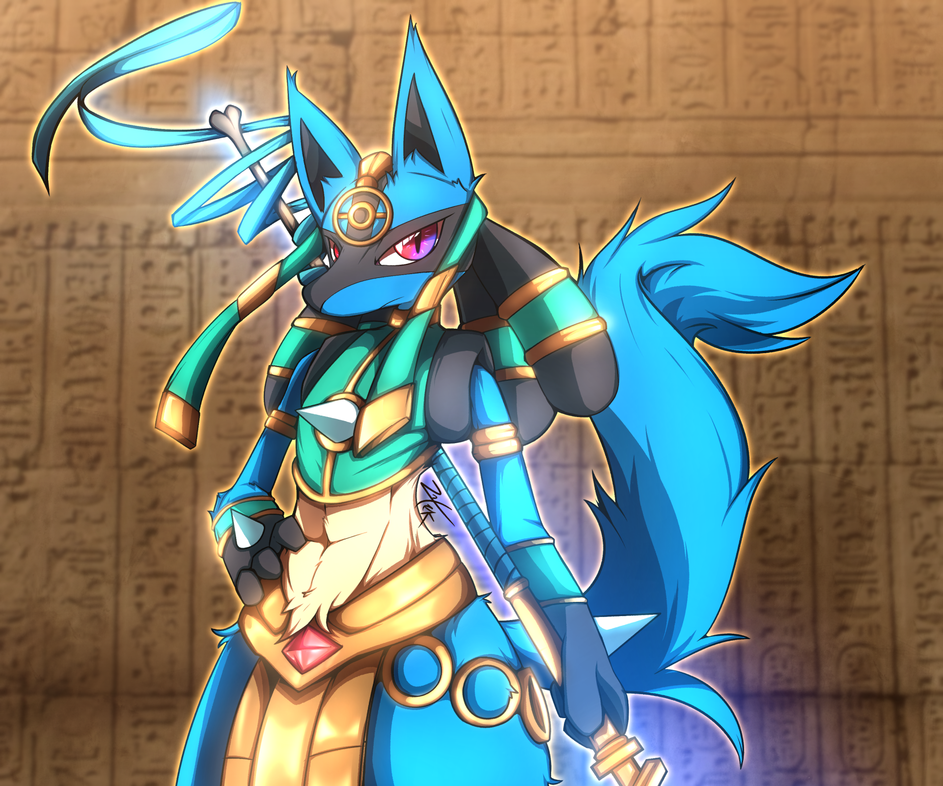 HD PC desktop wallpaper featuring Lucario from the video game Pokémon UNITE, depicted in a detailed, vibrant style with ancient Egyptian-inspired armor and background.