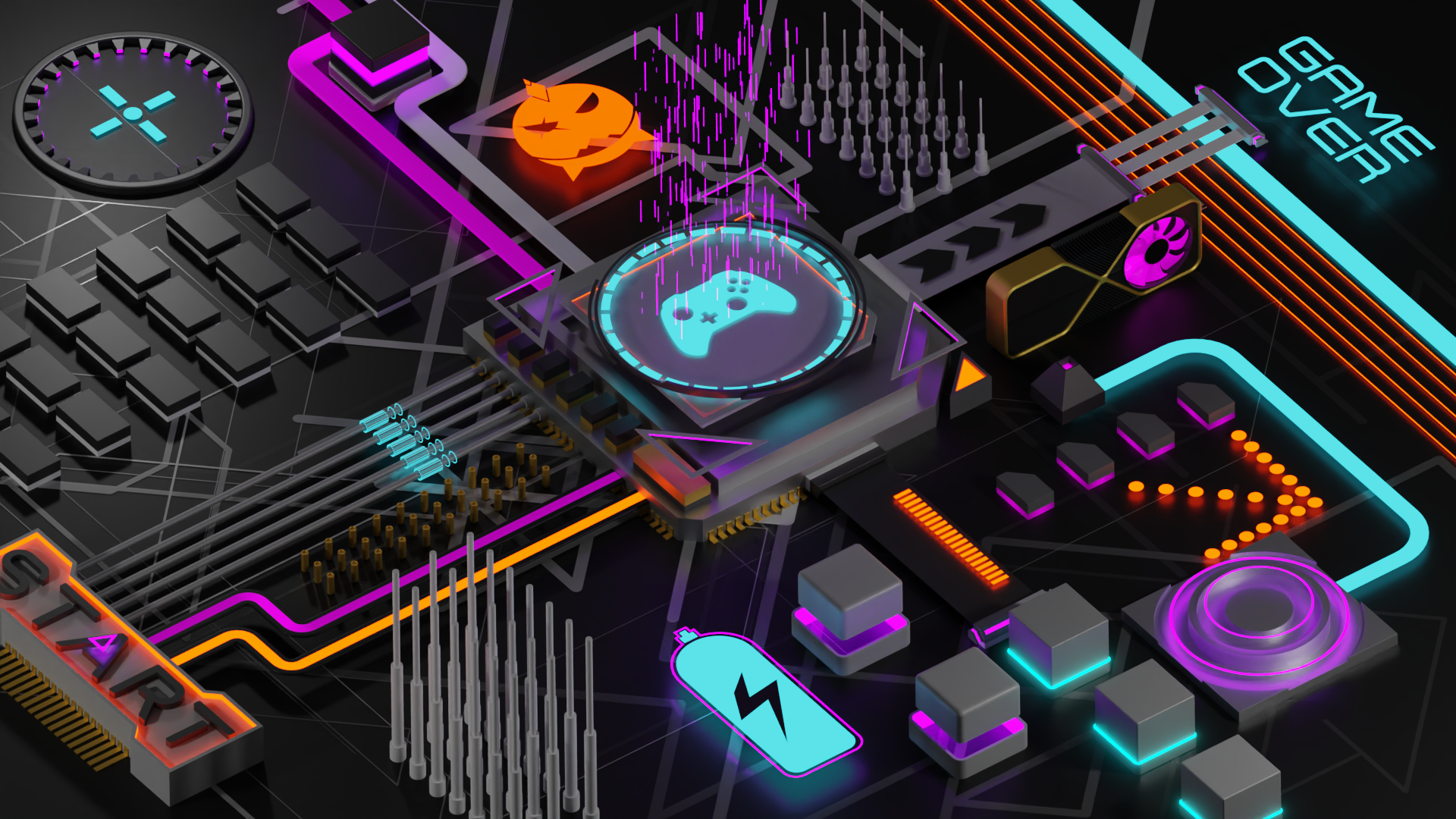 Abstract 3D HD wallpaper showcasing a futuristic gamer-themed motherboard with neon accents and Game Over text integrated into the design for a dynamic desktop background.
