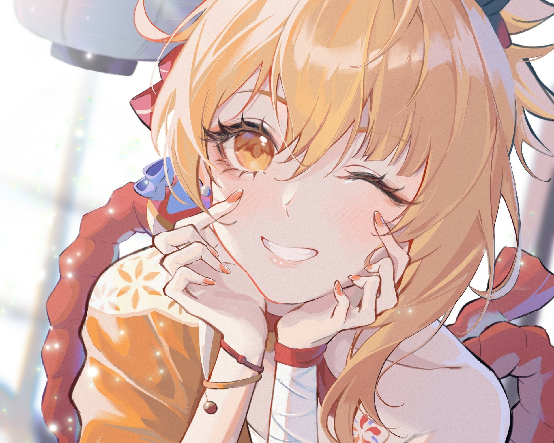 HD PC desktop wallpaper featuring Yoimiya from the video game Genshin Impact, showcasing her cheerful expression and vibrant details.