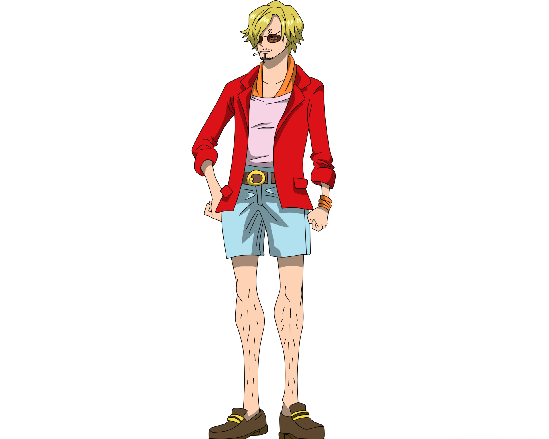 Sanji (One Piece) standing in a red jacket and shorts — anime full-body illustration, 2K Quad HD PC desktop wallpaper/background.