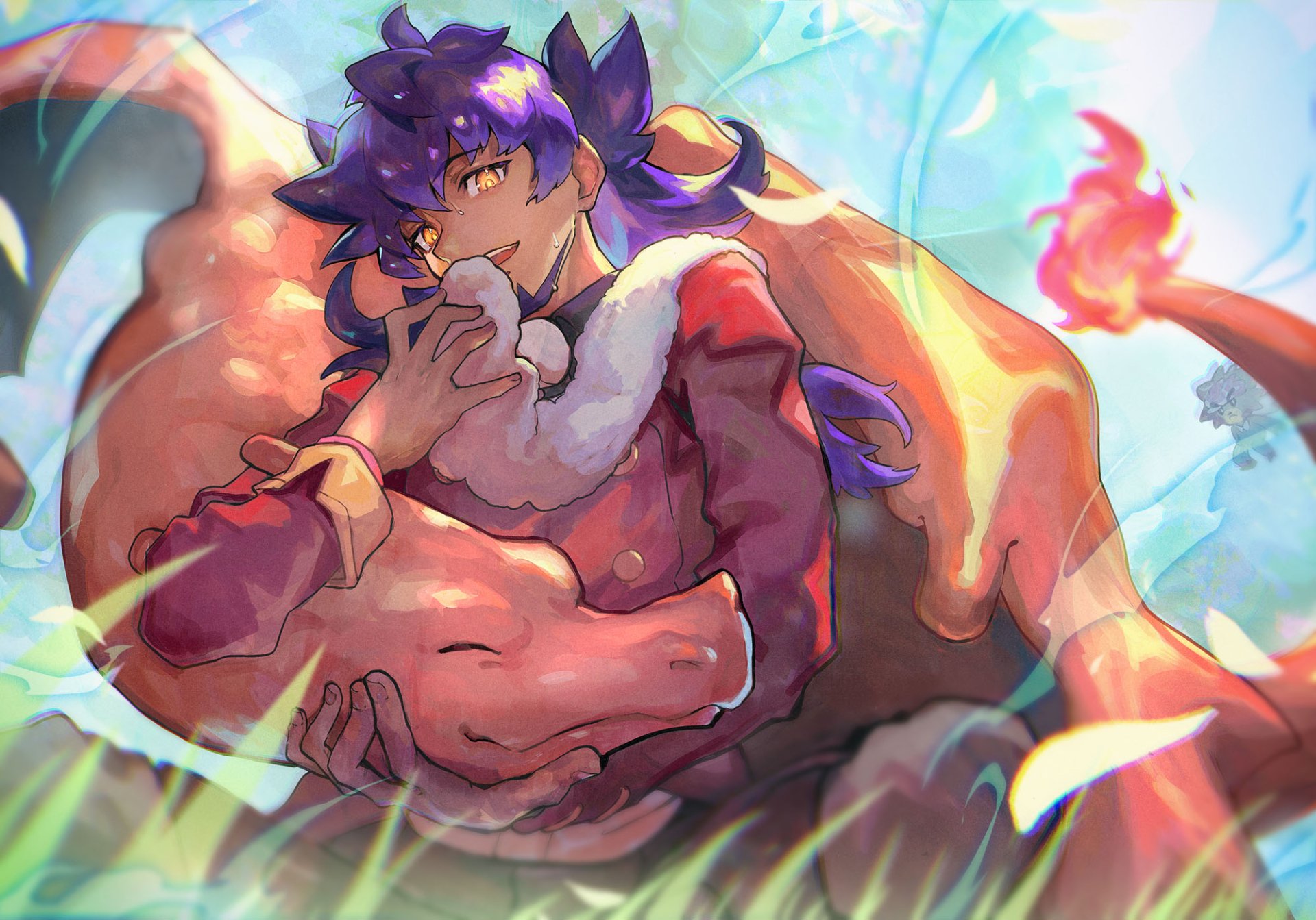 HD desktop wallpaper featuring Leon and Charizard from the video game Pokémon: Sword and Shield in a dynamic, vibrant scene.