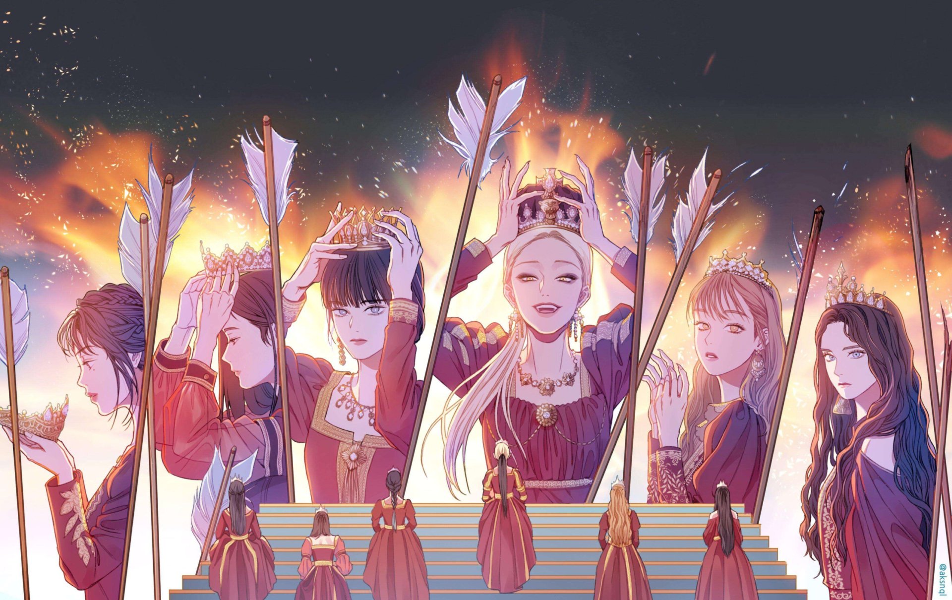 Stylized 2K Quad HD PC desktop wallpaper of a K-pop girl group on a flaming stage: crowned leader and five members on stairs with arrows and ceremonial robes, music-themed illustration.