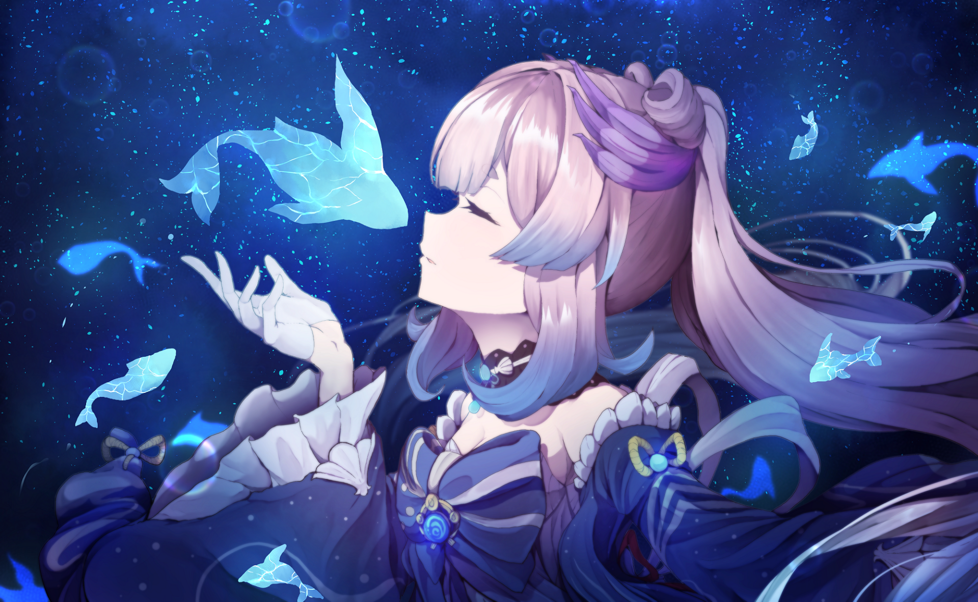 HD PC desktop wallpaper featuring Sangonomiya Kokomi from the video game Genshin Impact surrounded by glowing fish in a mystical underwater scene.