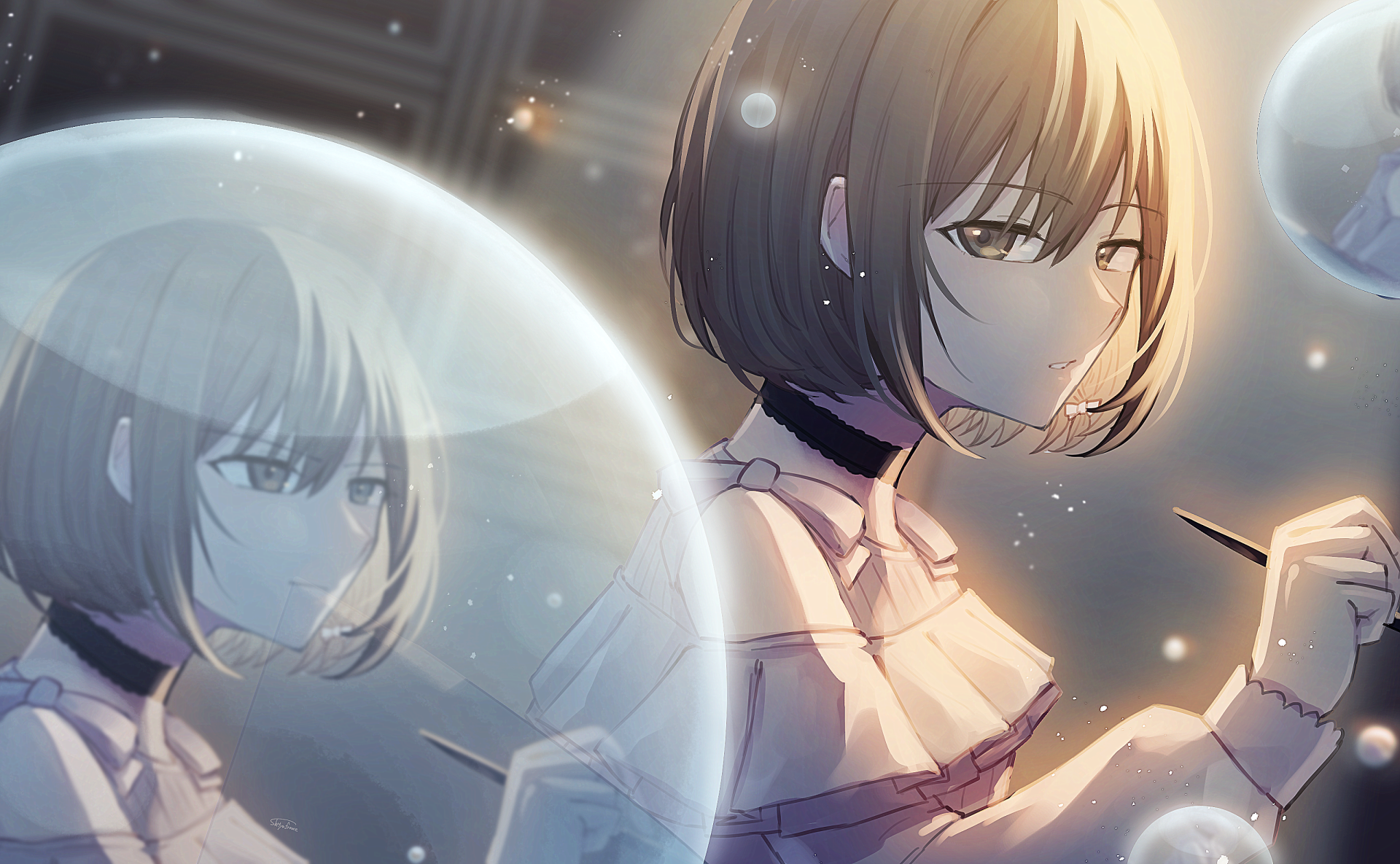 HD PC desktop wallpaper featuring Ena Shinonome from the video game Project Sekai: Colorful Stage! feat. Hatsune Miku, surrounded by glowing bubbles and soft light.