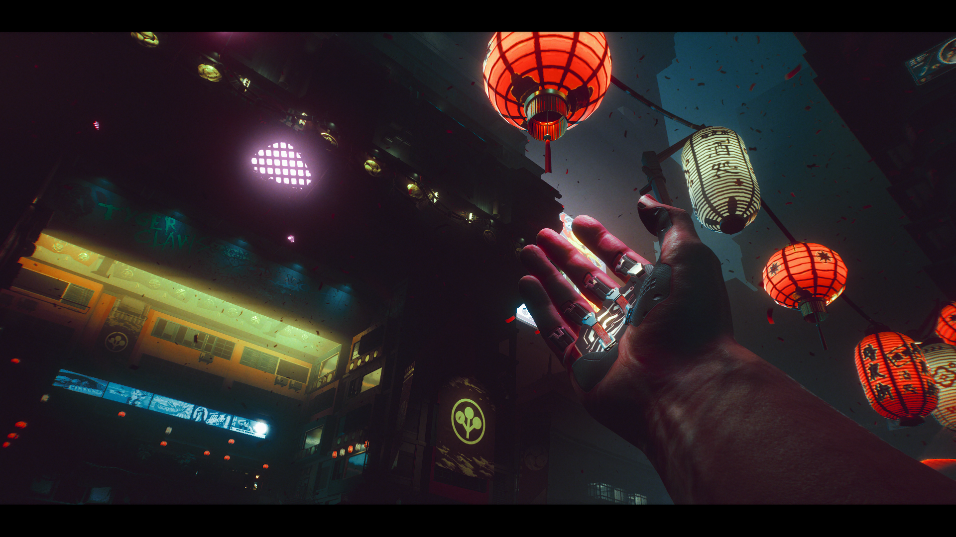 Cyberpunk 2077 HD PC desktop wallpaper and background — a cybernetic hand reaches for red lanterns in a neon-soaked futuristic city alley.