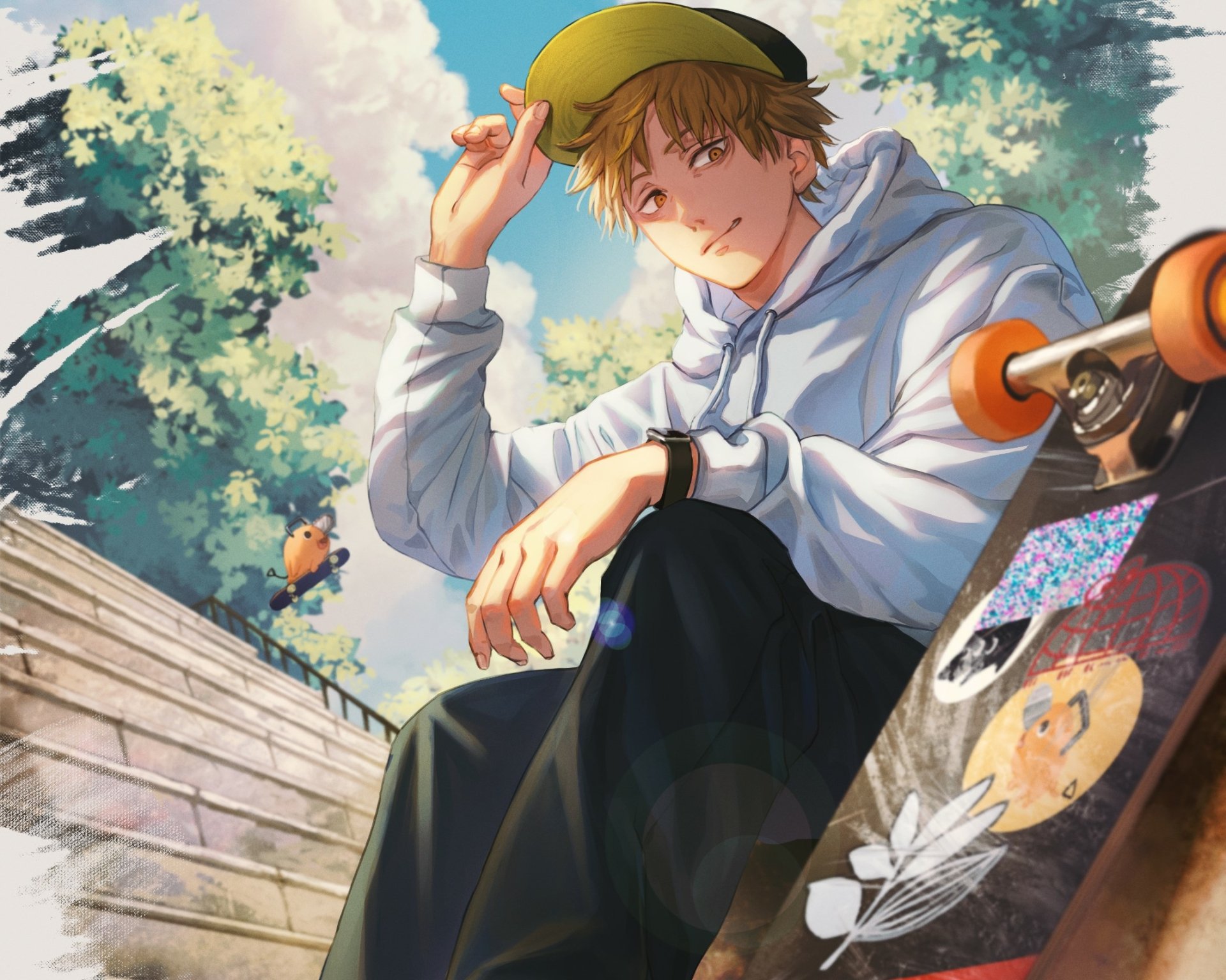HD anime desktop wallpaper featuring Denji from Chainsaw Man sitting outdoors with a skateboard, under dappled sunlight and lush green trees.