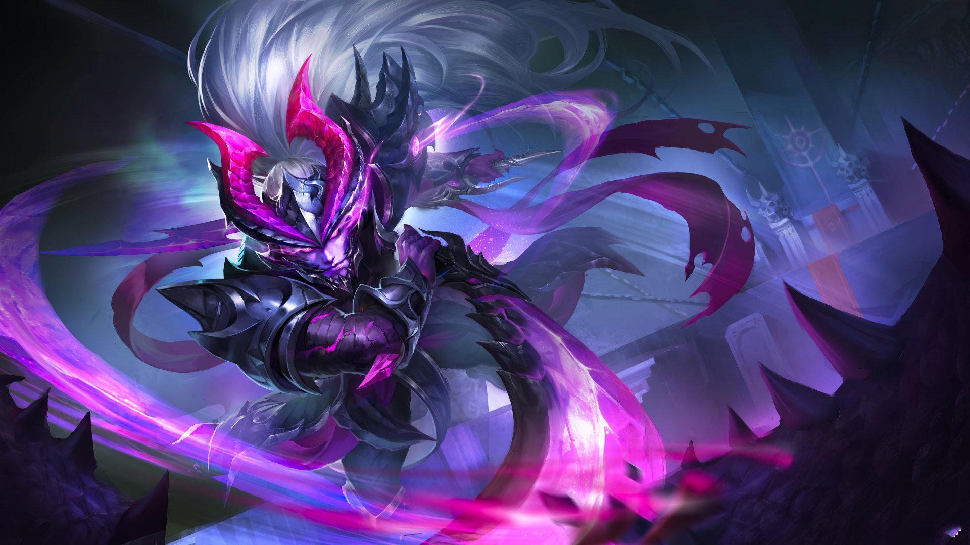 5K Ultra HD PC wallpaper: Honor of Kings video game armored warrior with white hair and glowing purple blades, swirling shadows and energy on a dark battlefield.
