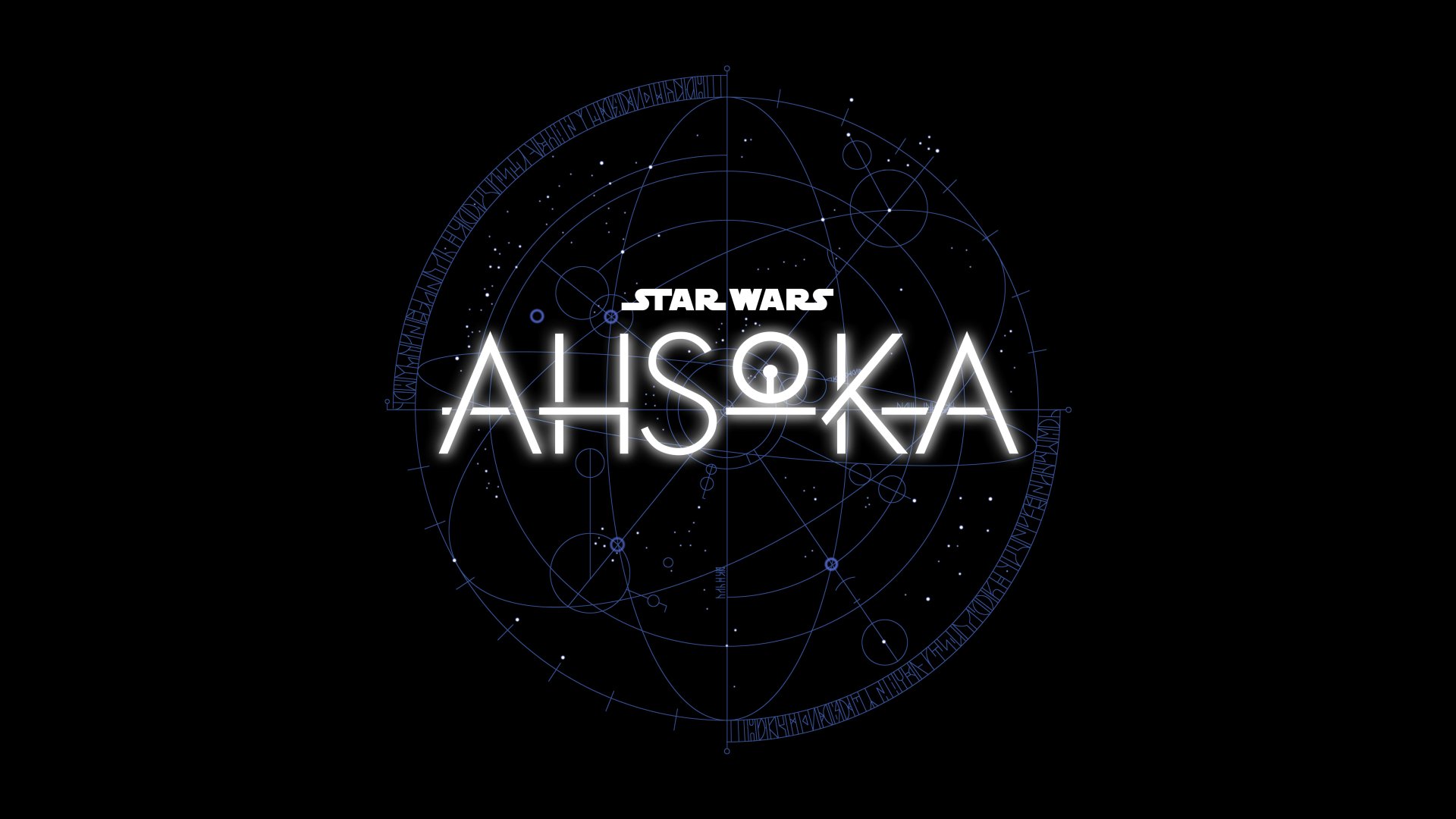 4K Ultra HD PC desktop wallpaper featuring the glowing Star Wars Ahsoka (2023) logo with a faint, intricate space-themed background design.