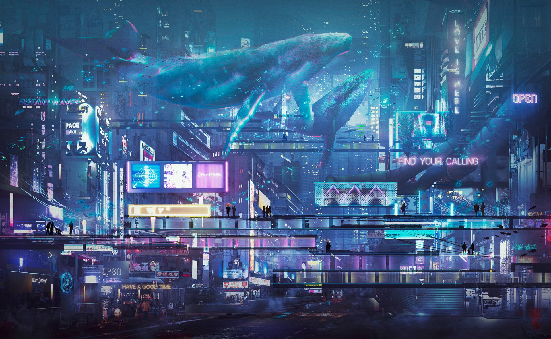 HD PC desktop wallpaper and background of a neon-lit futuristic sci‑fi cityscape with holographic whales overhead, reflective wet streets, elevated walkways, and glowing skyscrapers.