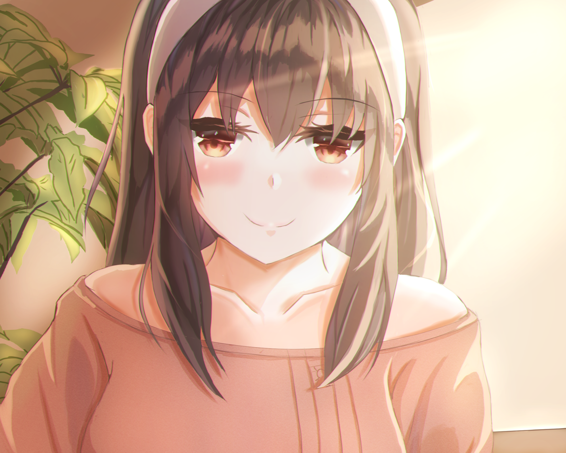 HD anime wallpaper featuring Yor Forger from Spy x Family, softly lit with warm tones and a calm expression, framed by green leaves in the background.