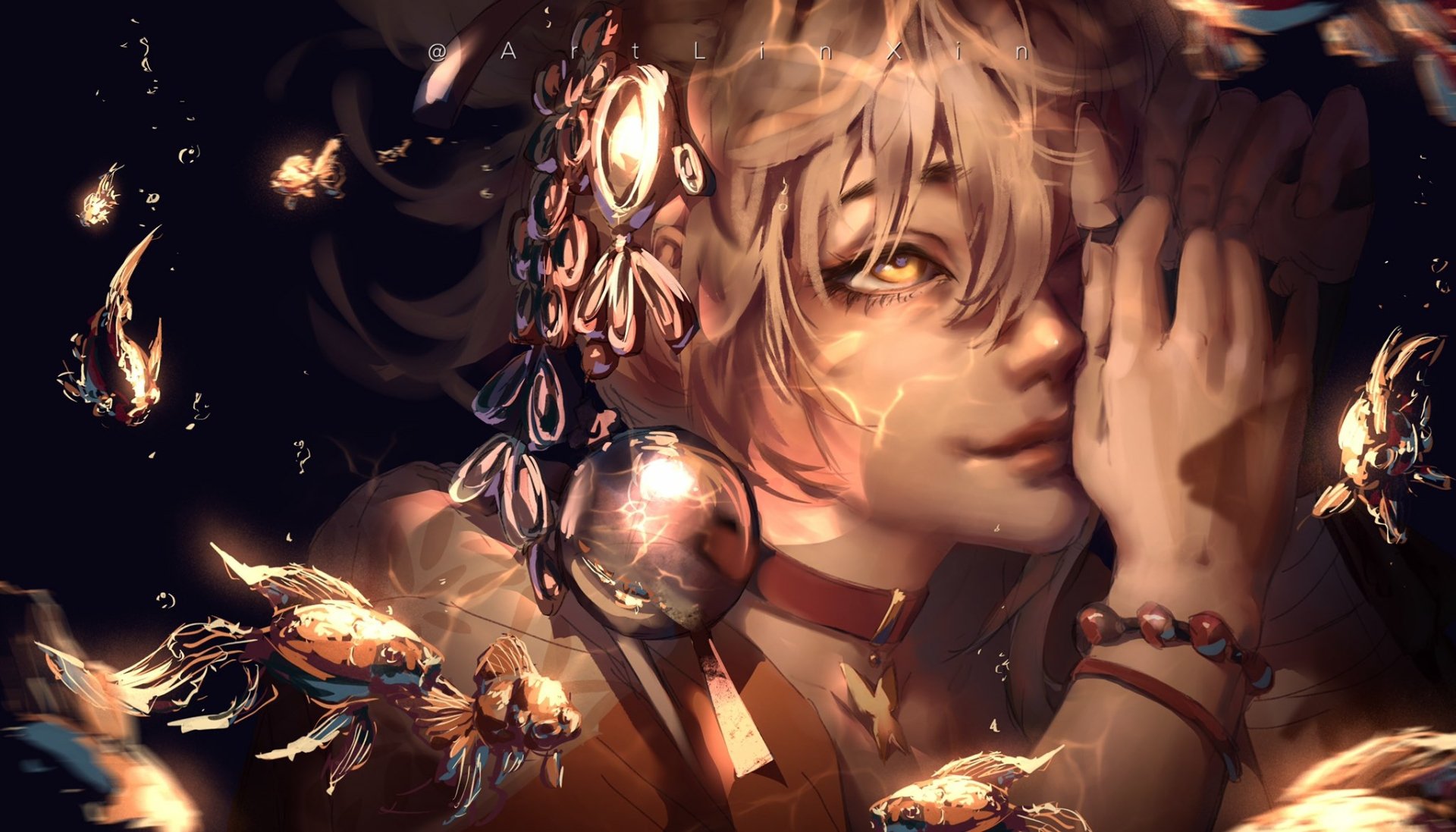 HD PC desktop wallpaper featuring Yoimiya from the video game Genshin Impact, surrounded by glowing goldfish and warm, ethereal lighting.