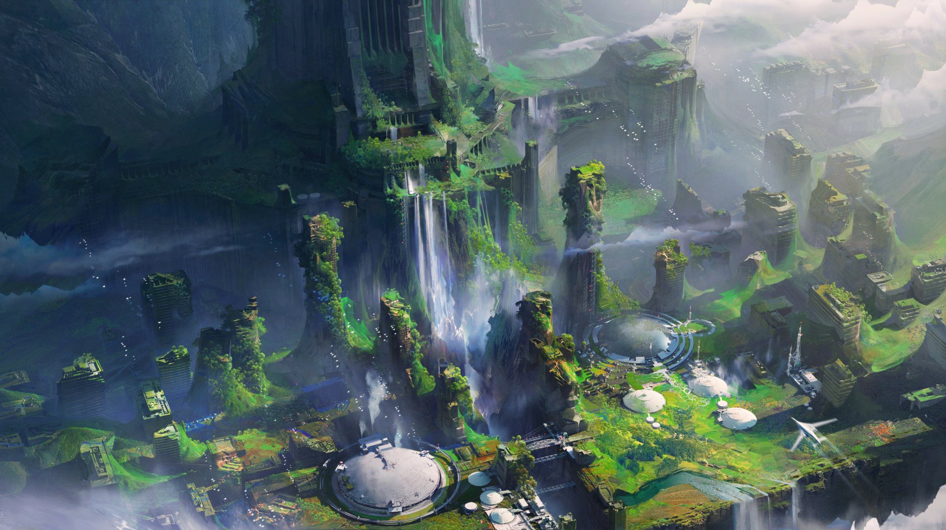 HD post-apocalyptic landscape with waterfalls and ruins for desktop wallpaper and background.