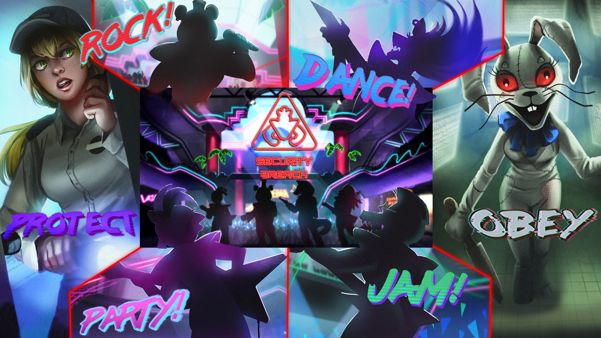 HD PC desktop wallpaper for Five Nights at Freddy's: Security Breach — neon arcade stage with silhouetted animatronics and character panels bearing words ROCK, DANCE, PROTECT, PARTY, JAM, OBEY