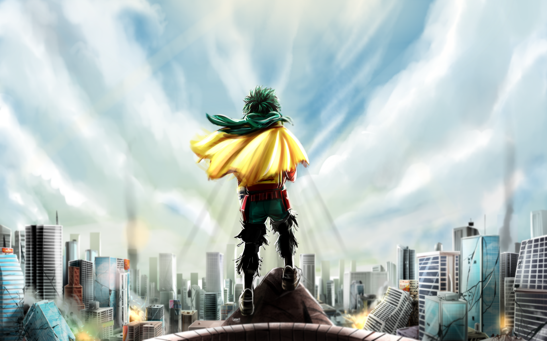 Izuku Midoriya from My Hero Academia stands atop a rooftop overlooking a futuristic cityscape, featured in a vibrant 4K Ultra HD anime desktop wallpaper.