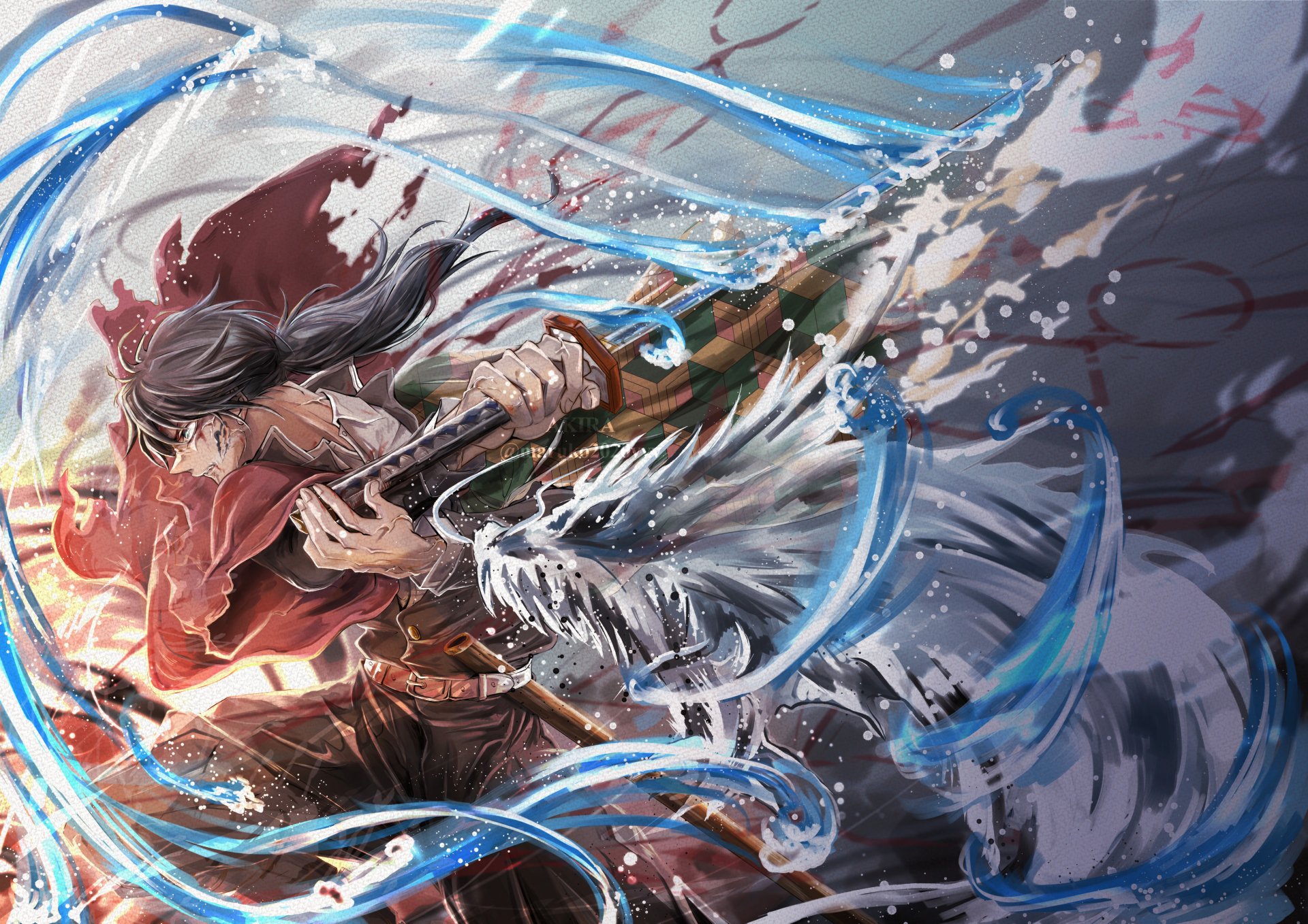 Giyuu Tomioka from Demon Slayer: Kimetsu no Yaiba depicted in dynamic action, with water and wolf motifs, rendered in vibrant 4K Ultra HD anime style for PC desktop wallpaper.