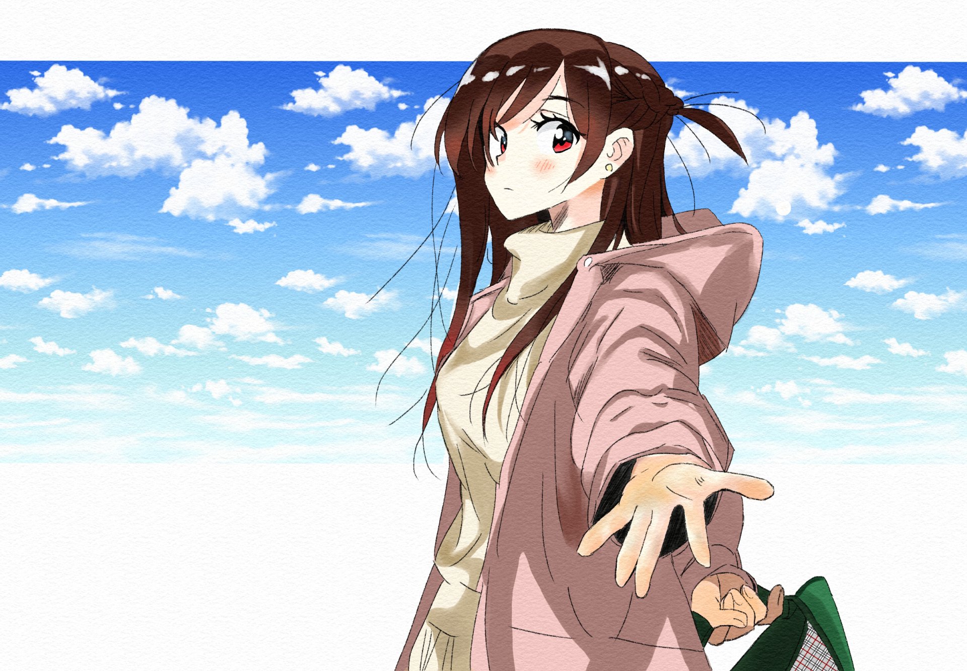 Chizuru Ichinose from Rent-A-Girlfriend reaching out in a pink coat and scarf against a bright blue sky with clouds — HD anime PC desktop wallpaper.