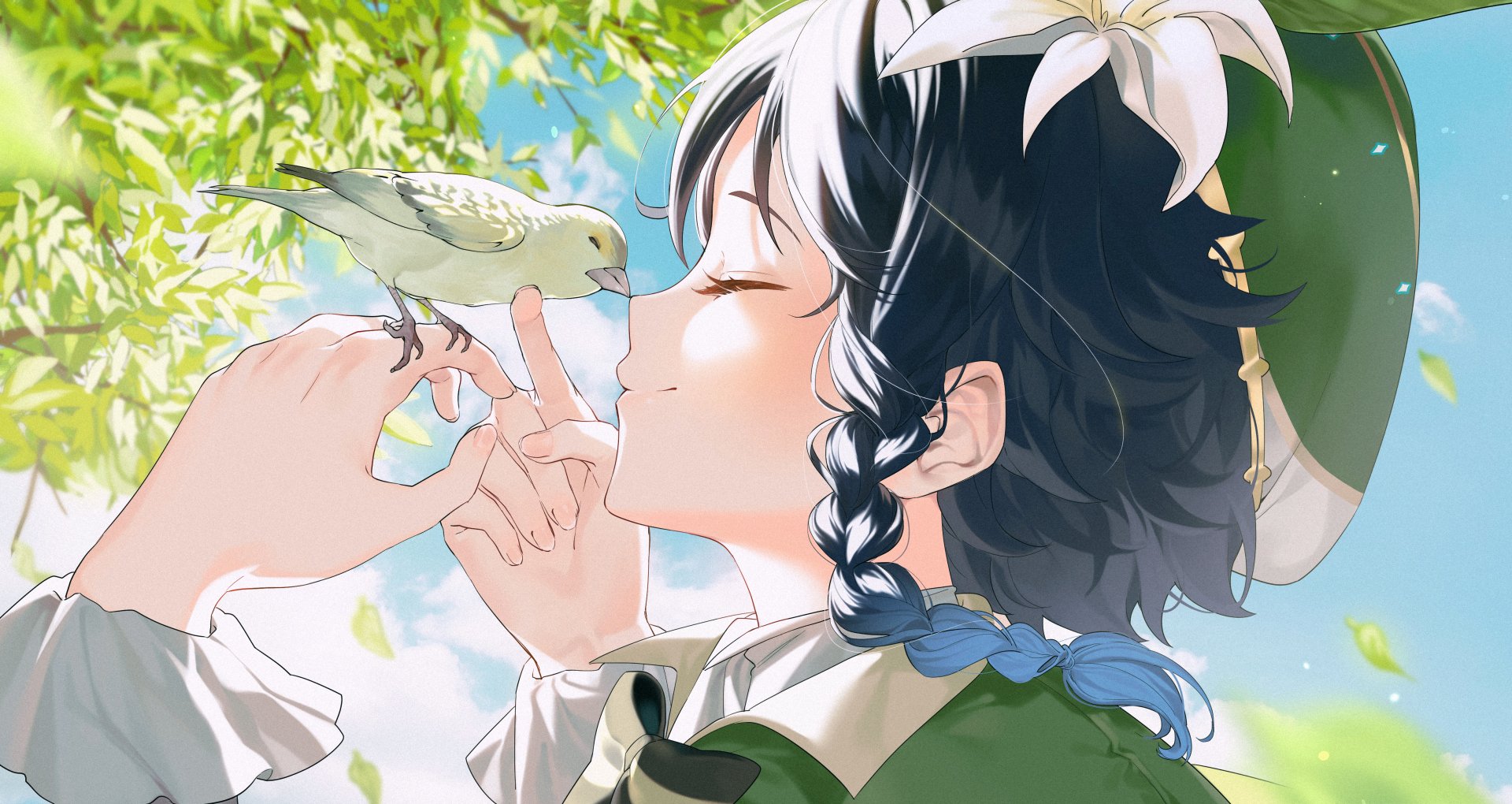 4K Ultra HD PC desktop wallpaper featuring Venti from the video game Genshin Impact, gently interacting with a small bird amidst a bright, leafy background.