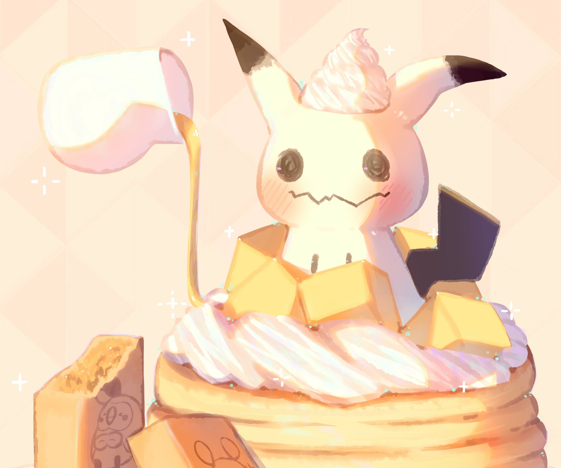 HD PC desktop wallpaper featuring Mimikyu from Pokémon, styled with soft pastel colors and dessert-themed elements, blending video game charm with a cozy aesthetic.