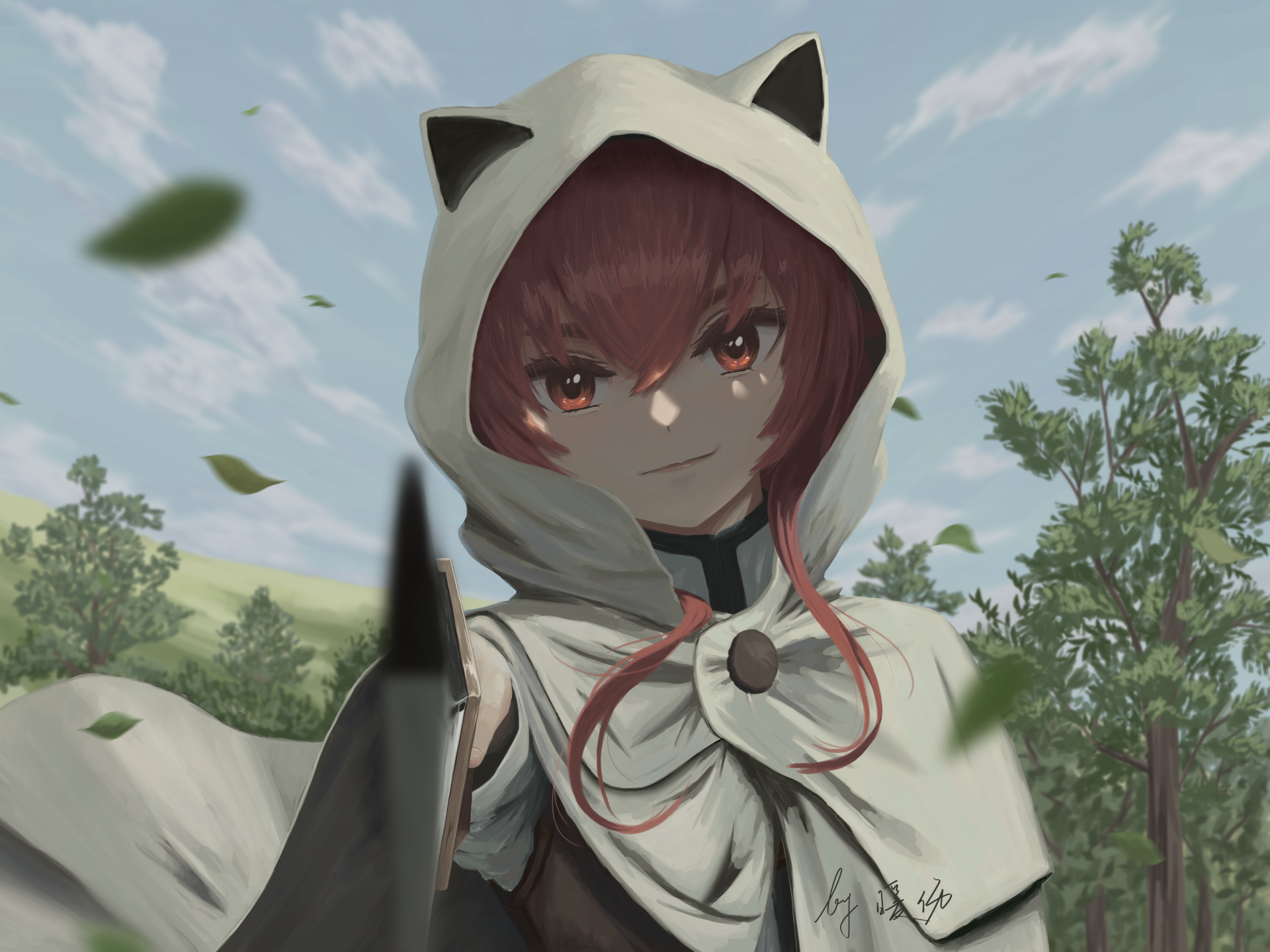 Eris Boreas Greyrat from Mushoku Tensei: Jobless Reincarnation — anime 5K Ultra HD PC wallpaper: Eris in a cat-eared hood, sword raised, with a forest backdrop and falling leaves.