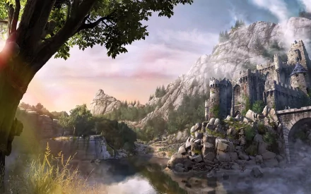 A stunning HD desktop wallpaper from the video game Arcania, featuring a serene landscape with a castle, rocky formations, and lush greenery under a beautiful sky.