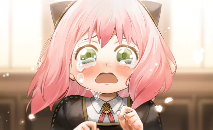 Anya Forger from Spy x Family with tears in her eyes, depicted in a vibrant anime style, featured in a 4K Ultra HD PC desktop wallpaper.