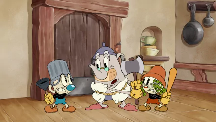 HD PC desktop wallpaper from the TV show The Cuphead Show! showing three retro cartoon characters wielding bats and an axe in a rustic kitchen.