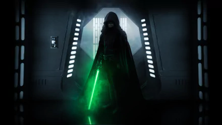 HD desktop wallpaper featuring Luke Skywalker wielding a green lightsaber, set in a dimly lit corridor from The Mandalorian TV show.